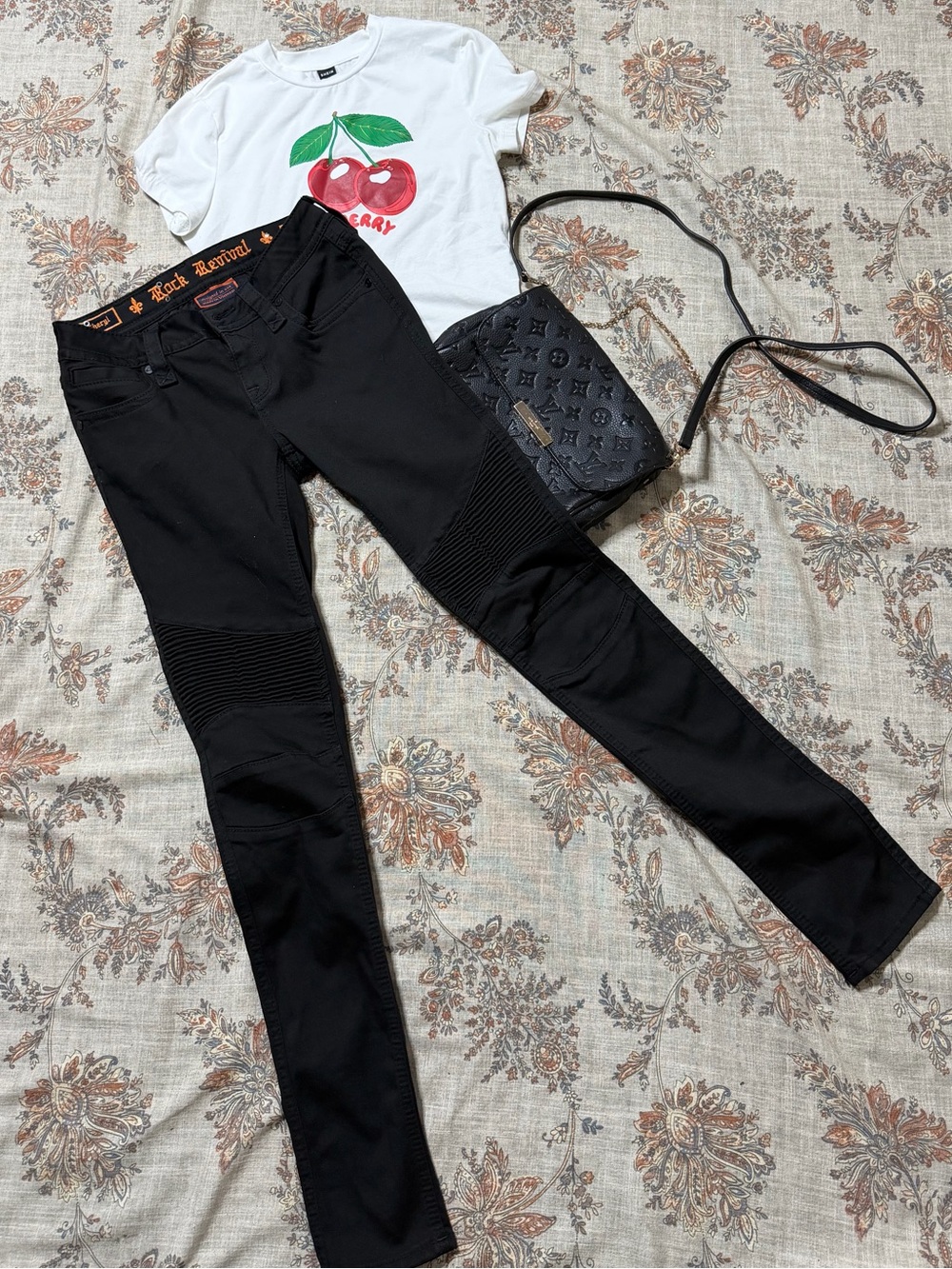 Rock Revival black skinny Jeans and she in White Tee with Red Cherry Graphic - Picture 6 of 7